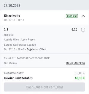 Cashout Schein zum Spiel Austria Wien gegen Posen in der Conference League