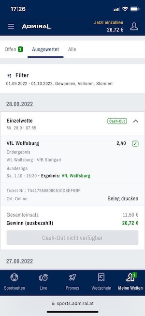 gewonnener Schein bei Admiral zu Wolfsburg gegen Stuttgart
