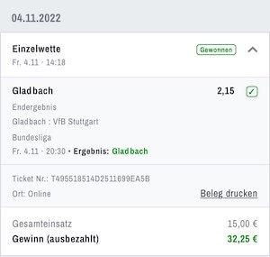 Gladbach siegt zuhause gegen Stuttgart am 4.11.2022
