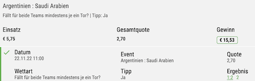 Beide treffen Tippschein zum WM Spiel zwischen Argentinien und Saudi Arabien