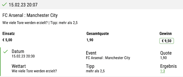 Arsenal gegen City Schein mit über 2,5 Tore