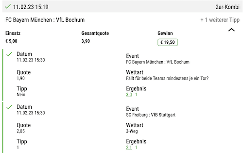Kombitipp auf Bayern ohne Gegentor und Freiburg gewinnt