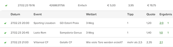 Kombi am Montag den 27.2.2023 mit internationalen Spielen