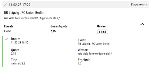 Leipzig gegen Union Tippschein mit über 2,5  Toren