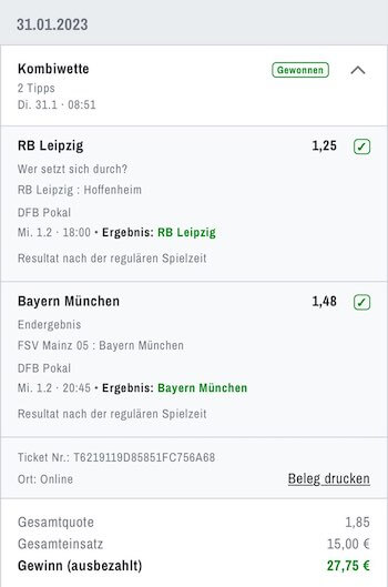 Pokal Schein Leipzig und Bayern