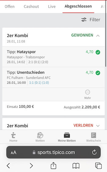 Tipico Wettschein mit 2000 Euro Gewinn