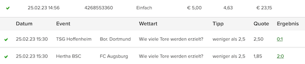 Under 2,5 Tore Kombi bei Dortmund Augsburg