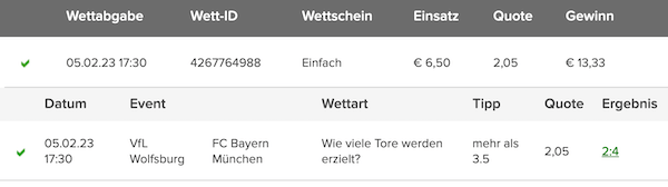 Wolfsburg Bayern Wettschein mit over 3,5 Tore